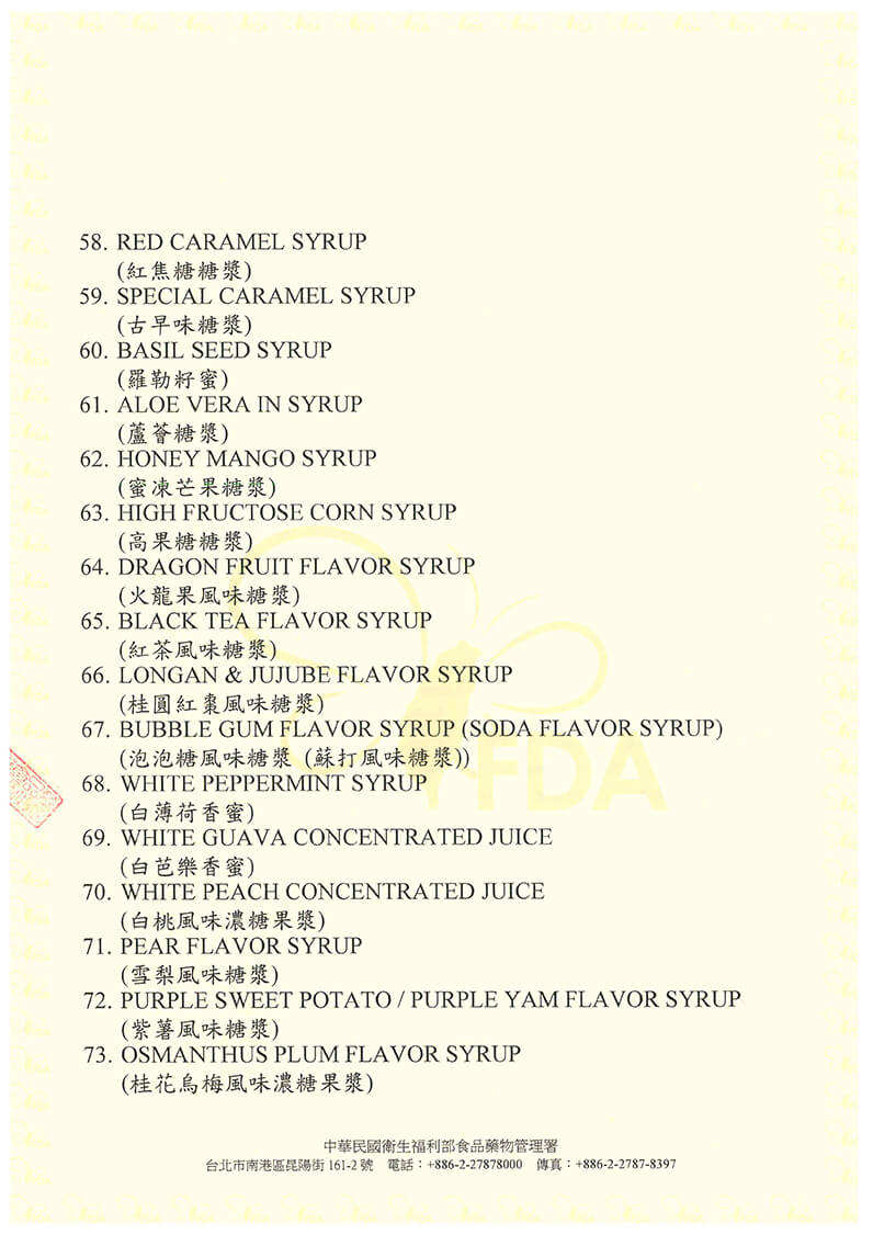 Free Sales Certificate-Conc.Juice Syrup